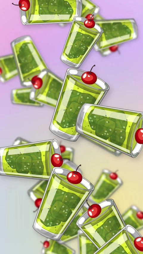 Vertical Animation of Falling Green Jelly Dessert Glasses with Cherries Stock Footage 346571475