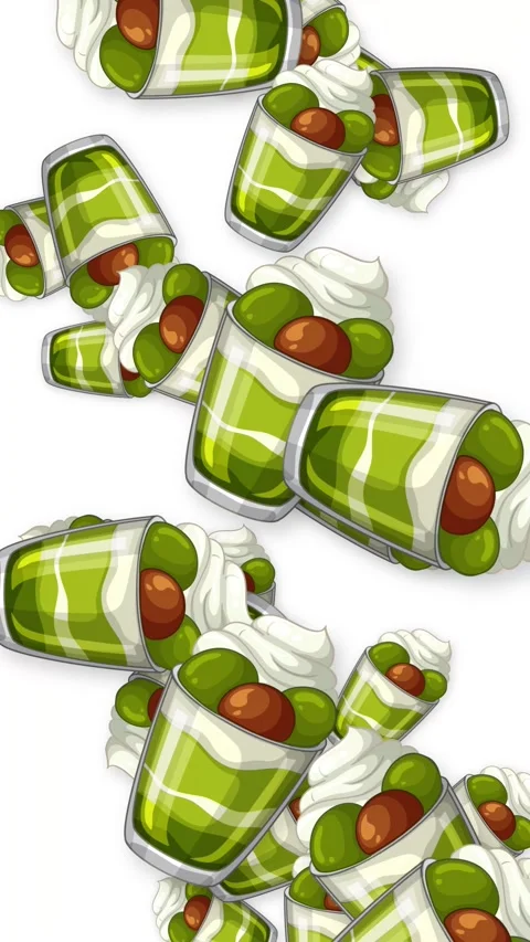 Vertical Animation of Falling Green Matcha Parfait Dessert Cups Stock Footage 344832208