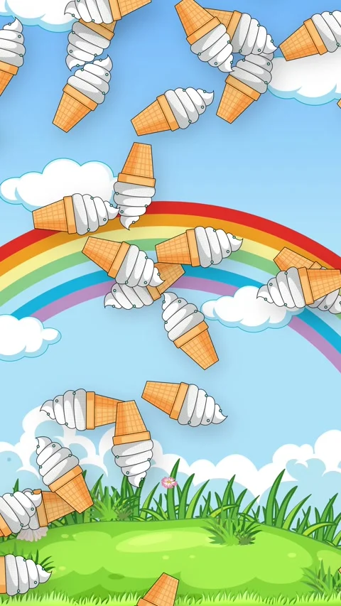 Vertical Animation of Falling Ice Cream Cones Over Rainbow Landscape Stock Footage 345300468