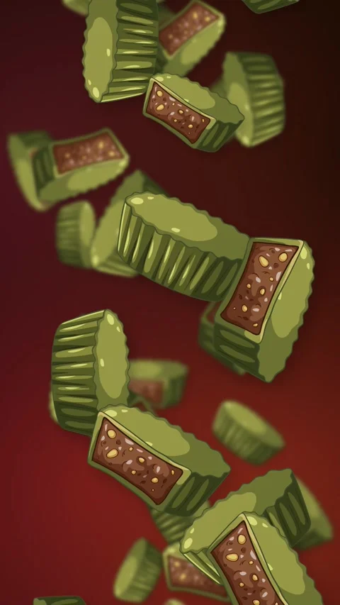 Vertical Animation of Falling Matcha Green Tea Chocolate Cups with Nut Filling Stock Footage 342488259