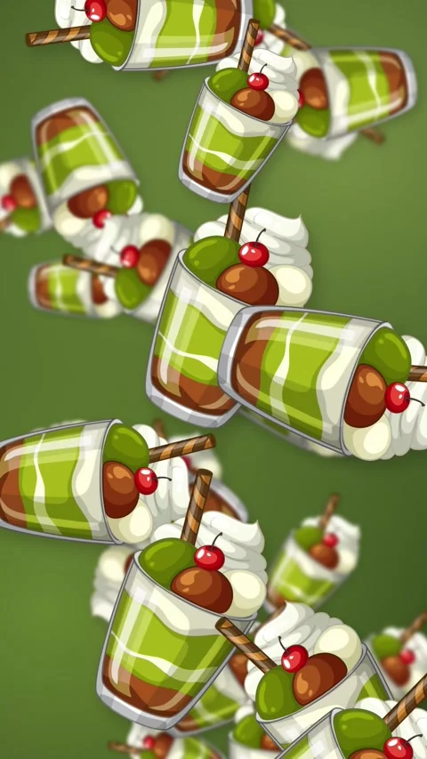 Vertical Animation of Falling Matcha Green Tea Parfait Desserts Stock Footage 345304284