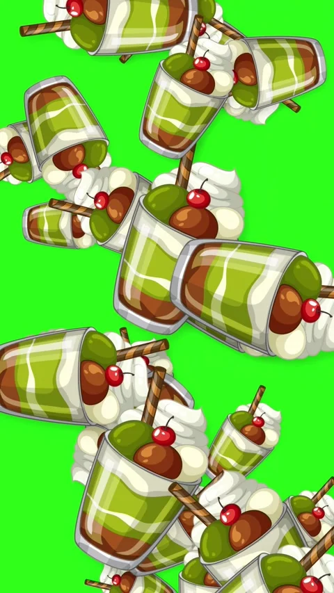 Vertical Animation of Falling Matcha Parfait Dessert Cups on Green Screen Stock Footage 345037847