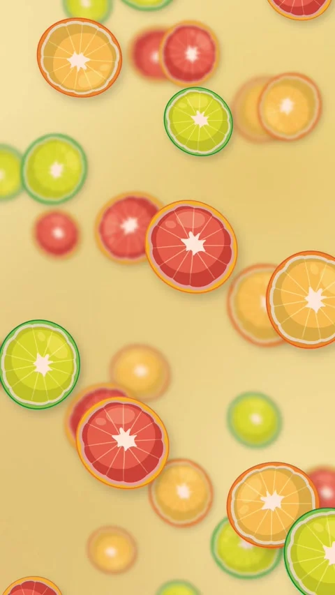 Vertical Animation of Falling Mixed Citrus Fruit Slices on Yellow Background Stock Footage 345037686