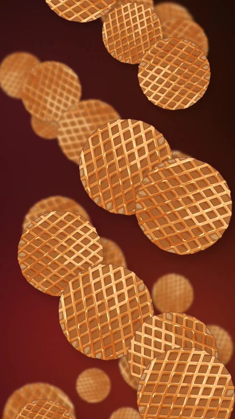 Vertical Animation of Falling Round Waffle Cookies on Dark Red Background Stock Footage 342316223