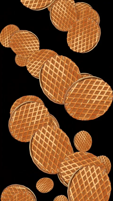 Vertical Animation of Falling Round Waffle Cookies on Black Background Stock Footage 345316931