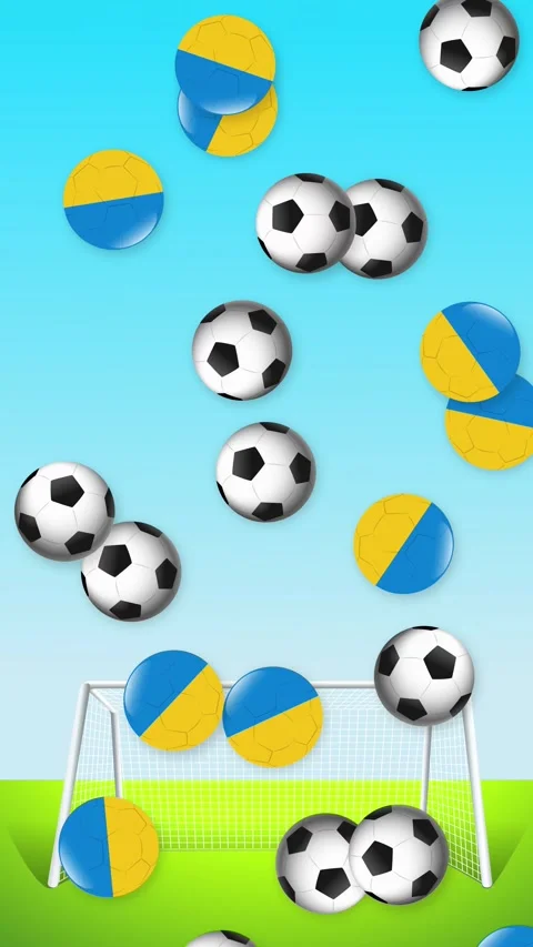 Vertical Animation of Falling Soccer Balls and Ukrainian Flag Spheres Stock Footage 341908129