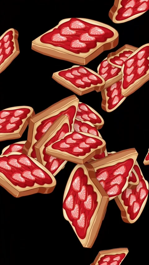 Vertical Animation of Falling Strawberry Jam Toast Slices on Black Background Stock Footage 345803978