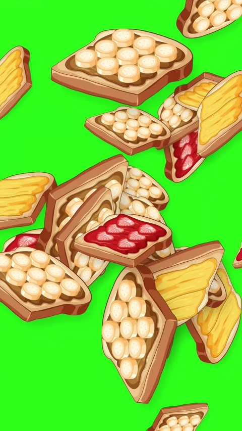 Vertical Animation of Falling Toasts with Fruit Toppings on Green Screen Video stock 344717564