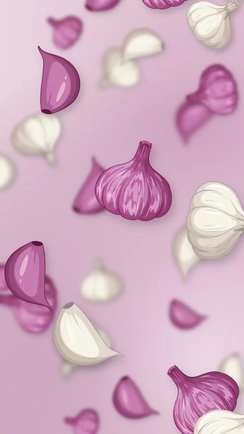 Vertical Animation of Falling White and Purple Garlic Bulbs and Cloves Stock Footage 345041214