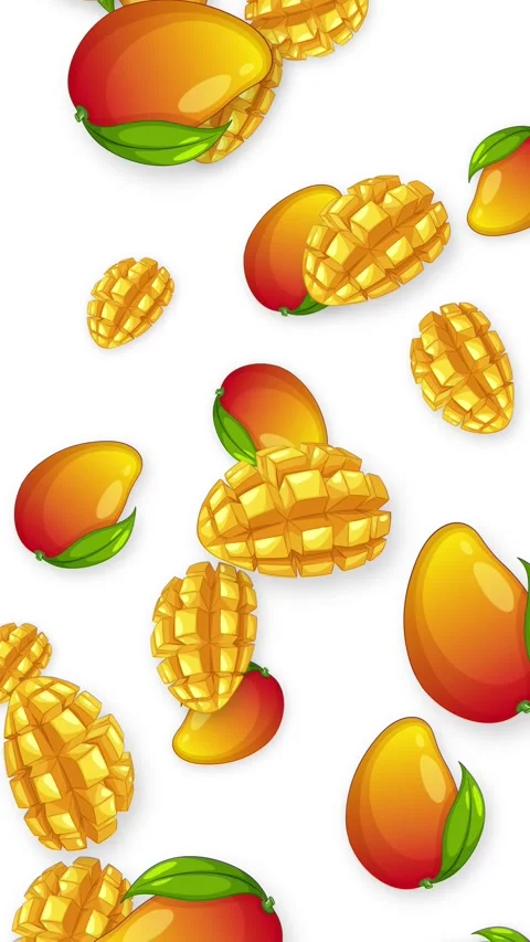 Vertical Animation of Falling Whole and Sliced Mangoes on White Background Stock Footage 344936614