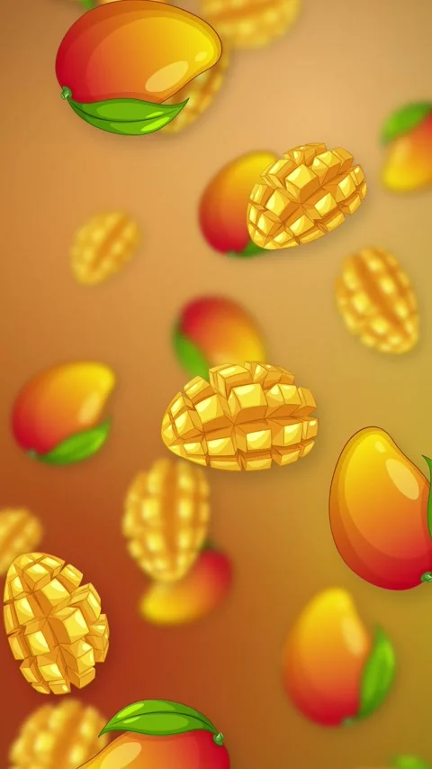 Vertical Animation of Falling Whole and Sliced Mangoes on Gradient Background Stock Footage 345294119
