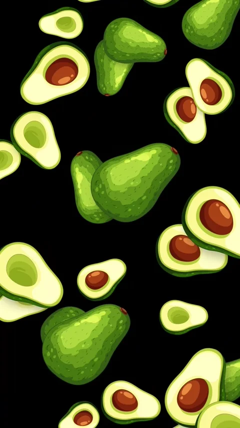Vertical Animation of Falling Whole and Halved Avocados on Black Background Stock Footage 346569311