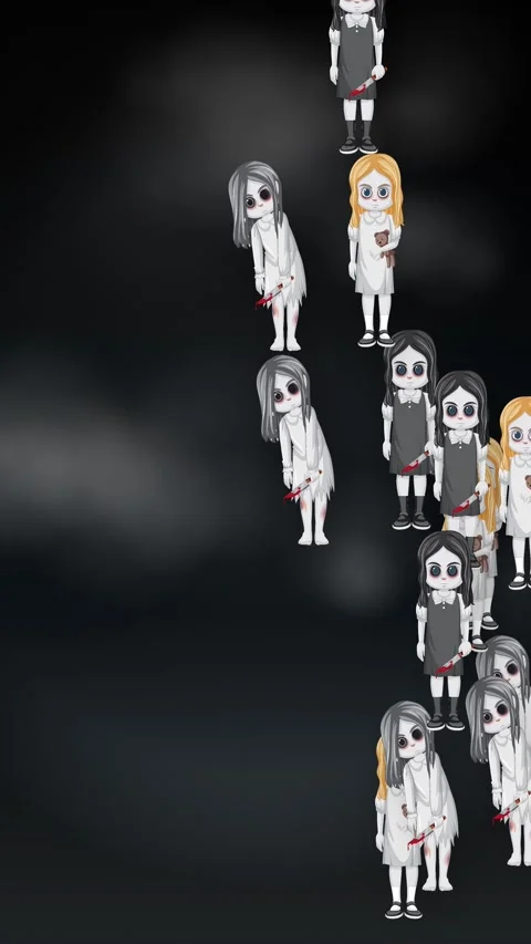 Vertical Animation of Floating Creepy Doll Characters on Dark Background 스톡 동영상 343471812