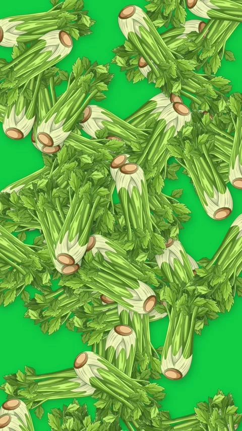 Vertical Animation of Fresh Celery Bunches Falling on Green Background Stock Footage 341549753