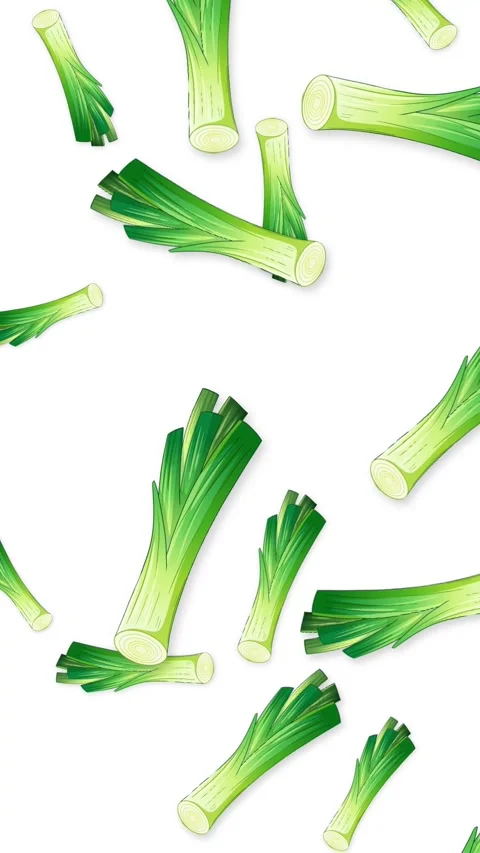 Vertical Animation of Fresh Green Leeks Falling on White Background Stock Footage 346435800