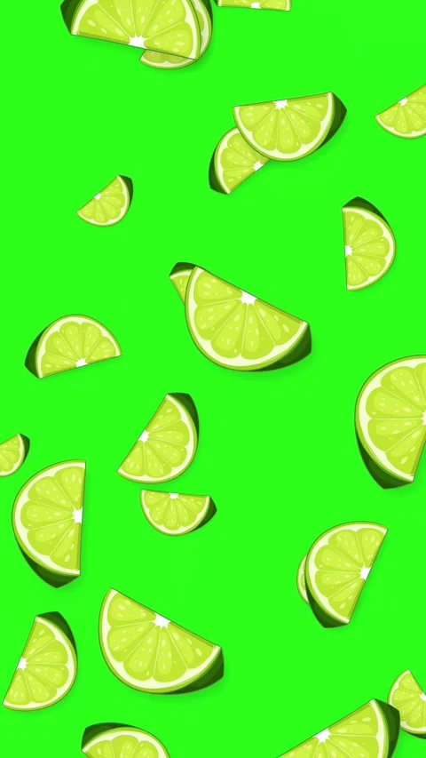 Vertical Animation of Fresh Lime Slices Falling on Green Background Stock Footage 343698965