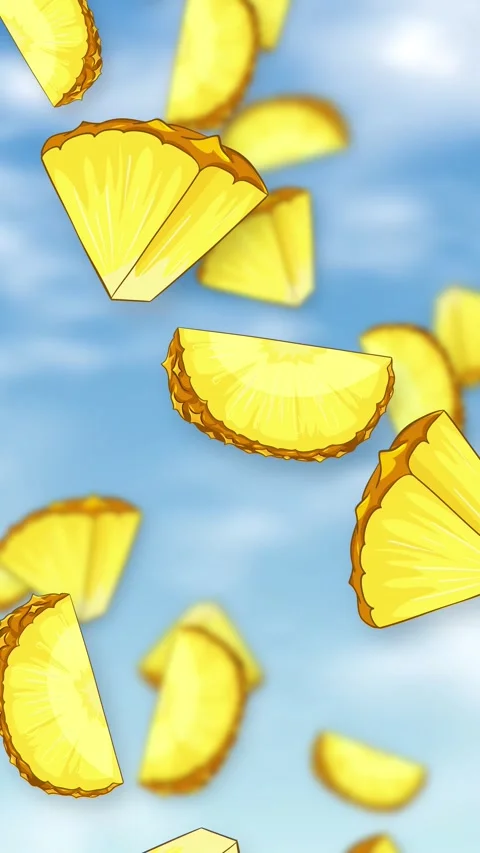 Vertical Animation of Fresh Pineapple Slices Falling Through a Blue Sky Stock Footage 345703608