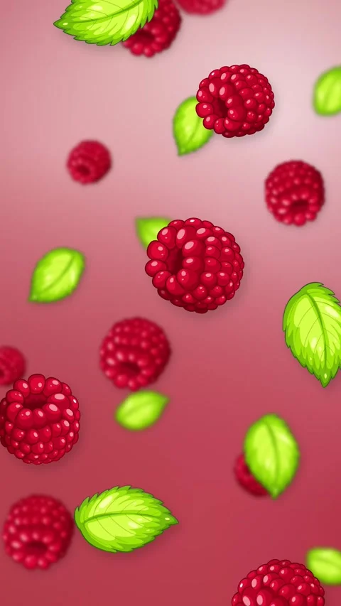 Vertical Animation of Fresh Raspberries and Green Mint Leaves Falling Stock Footage 344843580