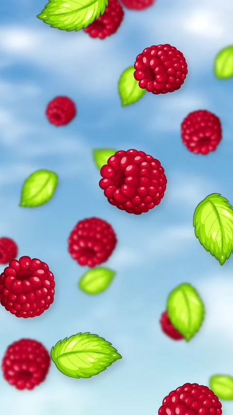 Vertical Animation of Fresh Raspberries and Mint Leaves Falling Against Blue Sky Stock Footage 345037752
