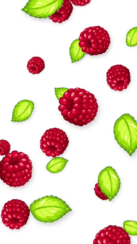Vertical Animation of Fresh Raspberries and Mint Leaves Falling on White Stock Footage 345208863