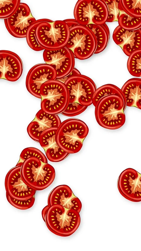 Vertical Animation of Fresh Tomato Slices Falling on White Background Stock Footage 339527737