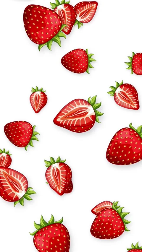 Vertical Animation of Fresh Whole and Sliced Strawberries Falling on White Stock Footage 345041425