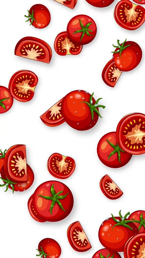 Vertical Animation of Fresh Whole and Sliced Tomatoes Falling on White Stock Footage 346435490