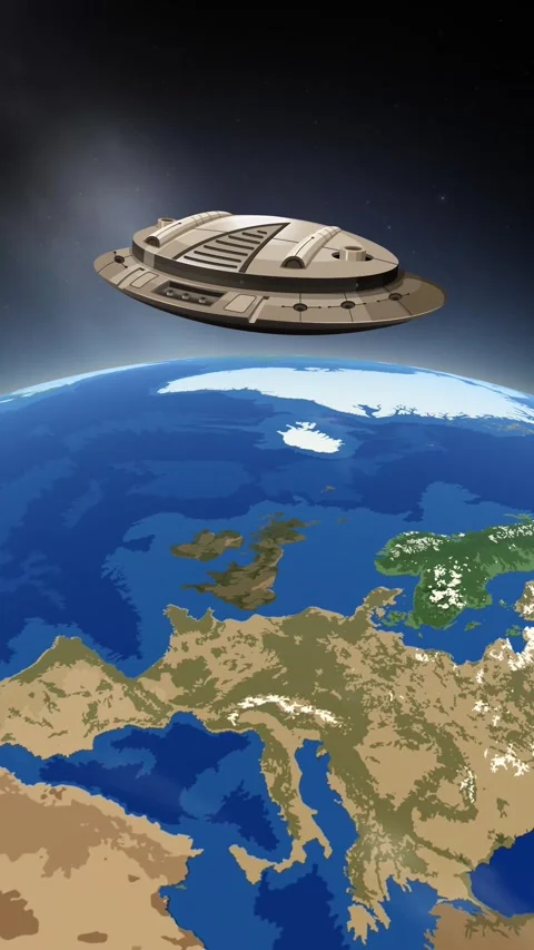 Vertical Animation of a Futuristic Spacecraft Orbiting Planet Earth Stock Footage 345117922