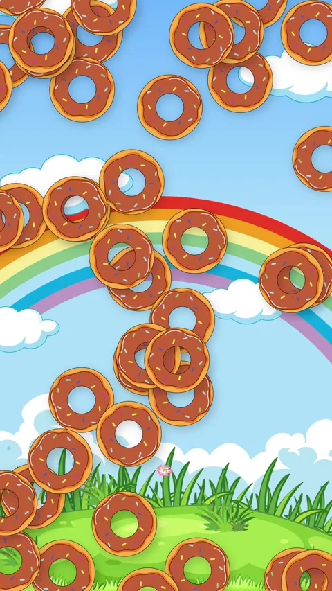 Vertical Animation of Glazed Chocolate Donuts Falling Over Rainbow Landscape Stock Footage 339120794