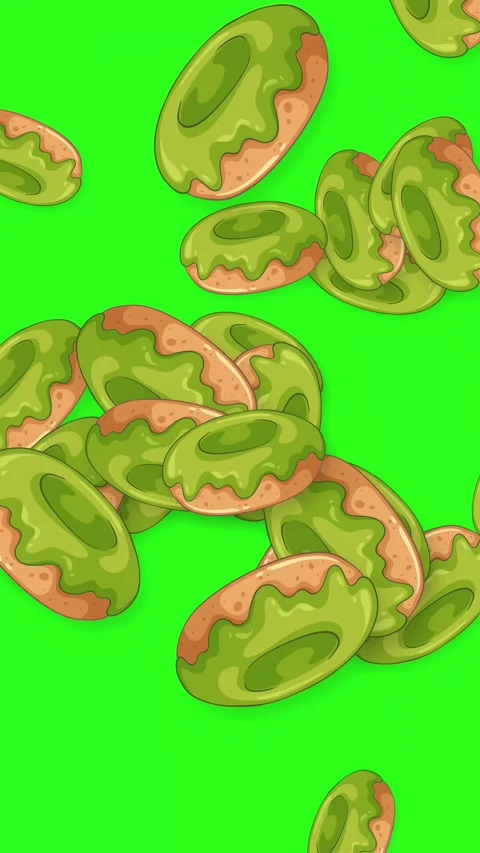 Vertical Animation of Glazed Green Donuts Falling on Green Screen Stock Footage 344832571