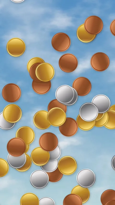 Vertical Animation of Gold Silver and Bronze Coins Falling Against Blue Sky Stock Footage 345703559