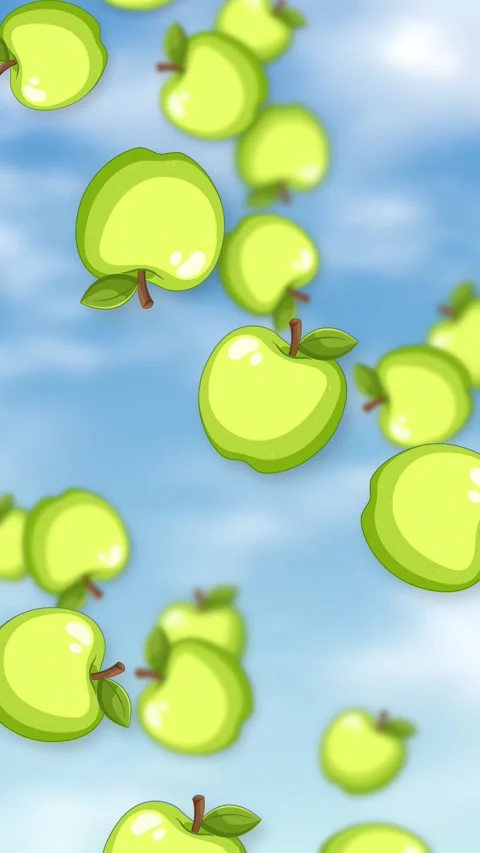 Vertical Animation of Green Apples Falling Against a Blue Sky Stock Footage 345197657