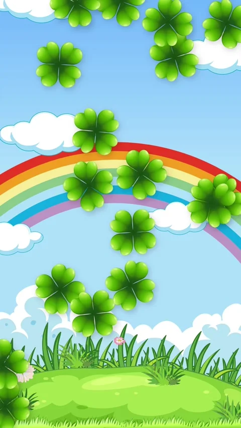 Vertical Animation of Green Clovers Falling Over Rainbow and Meadow Stock Footage 340323128