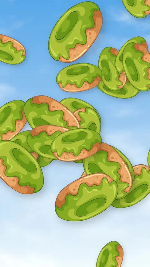Vertical Animation of Green Glazed Donuts Falling Against Blue Sky Stock Footage 345206619