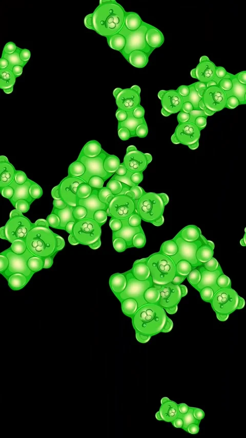 Vertical Animation of Green Gummy Bears Falling on Black Background Stock Footage 345294065