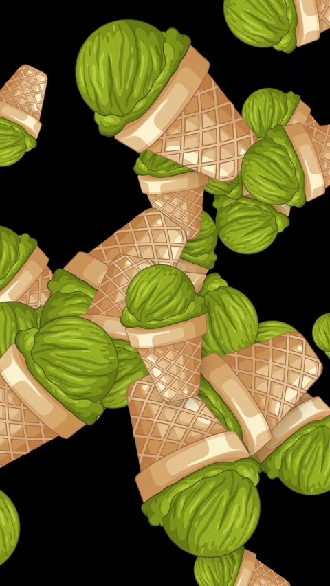 Vertical Animation of Green Matcha Ice Cream Cones Falling on Black Background Stock Footage 346114880