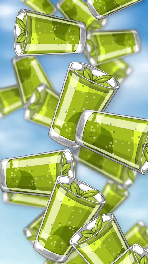 Vertical Animation of Green Matcha Tea Glasses Falling Against Blue Sky Stock Footage 342779898