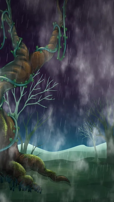 Vertical Animation of Heavy Rain Falling in a Dark Spooky Forest Stock Footage 342314121