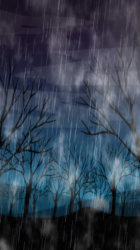 Vertical Animation of Heavy Rain Falling Over Dark Forest Silhouette Stock Footage 343698929