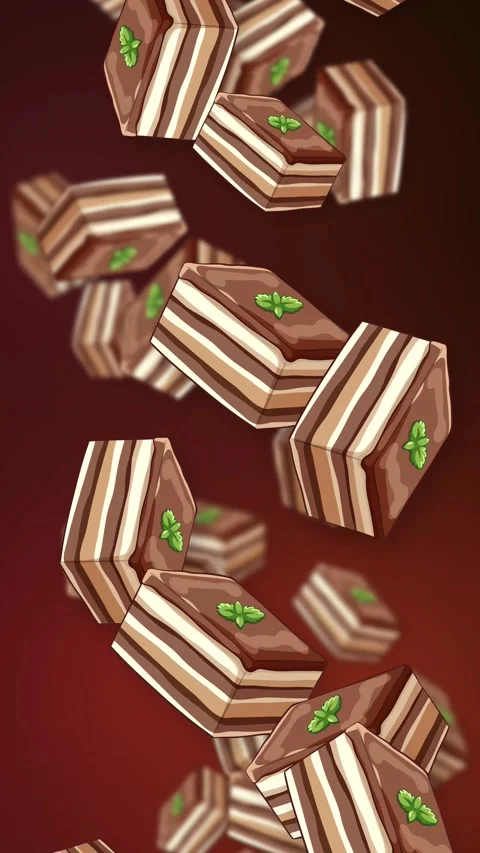 Vertical Animation of Layered Chocolate Cake Slices Falling on Red Background Stock Footage 342467857