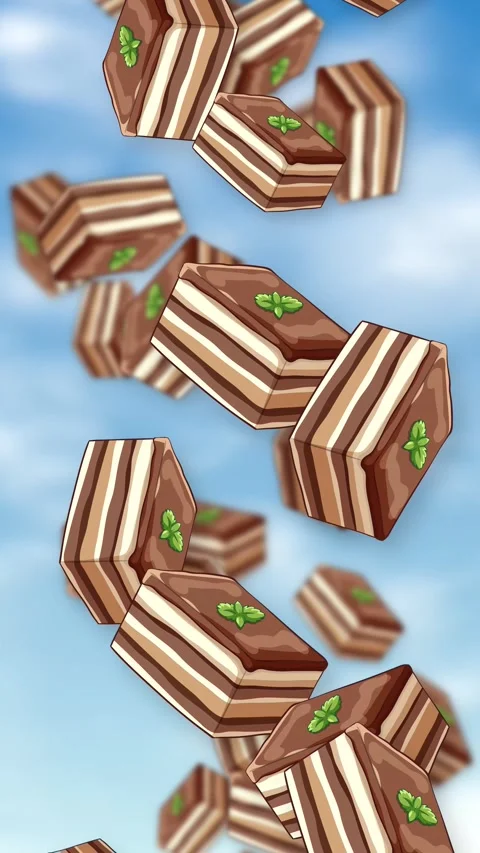 Vertical Animation of Layered Chocolate Cake Slices Falling Through Blue Sky Stock Footage 345117957