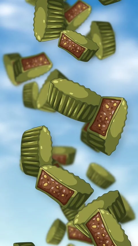 Vertical Animation of Matcha Chocolate Cups Falling Against Blue Sky Stock Footage 345317109