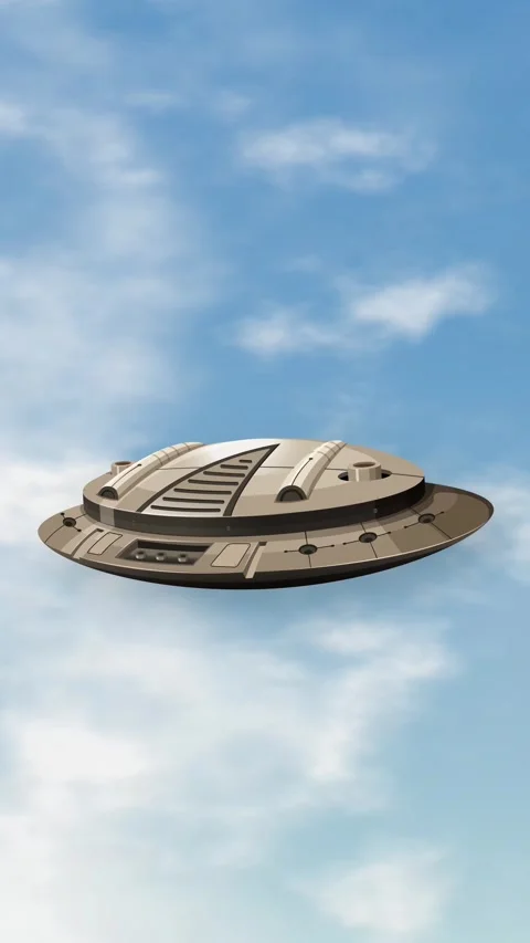 Vertical Animation of a Metallic UFO Floating in a Blue Sky Stock Footage 344931309