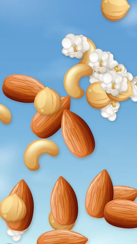 Vertical Animation of Mixed Nuts and Popcorn Falling Against Blue Sky Stock Footage 344379509