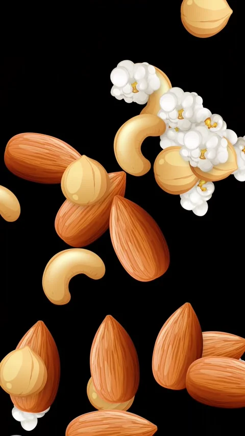 Vertical Animation of Mixed Nuts and Popcorn Falling on Black Background Stock Footage 344518383