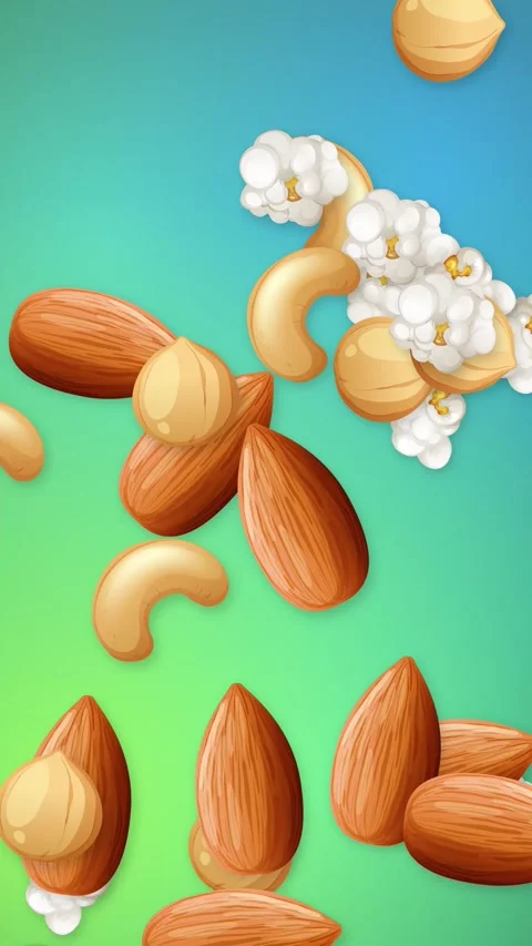 Vertical Animation of Mixed Nuts and Popcorn Falling on Gradient Background Stock Footage 345037937