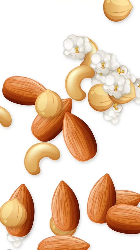 Vertical Animation of Mixed Nuts and Popcorn Falling on White Background Stock Footage 346274461