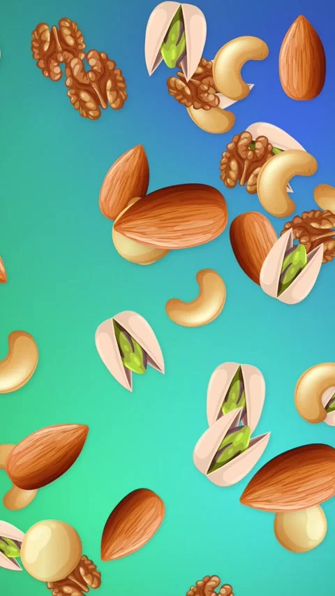 Vertical Animation of Mixed Nuts Falling Against a Blue Gradient Background Stock Footage 343830837