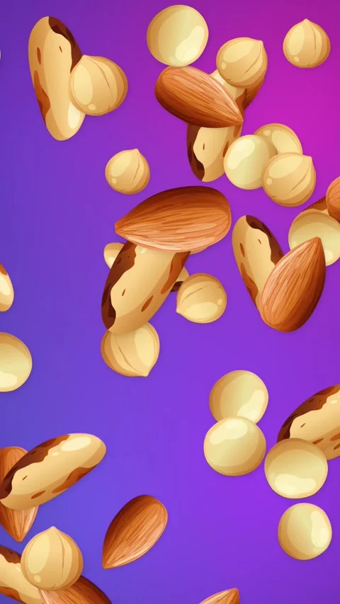 Vertical Animation of Mixed Nuts Falling Against a Purple Gradient Background Stock Footage 344379377
