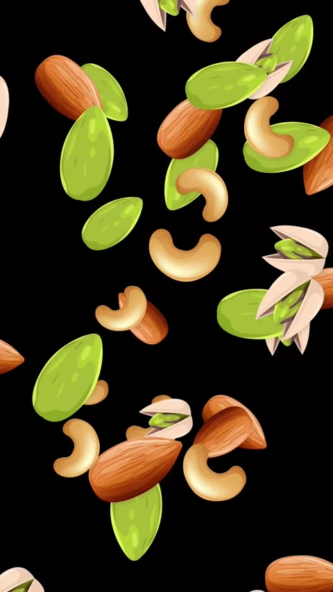 Vertical Animation of Mixed Nuts Falling Against a Black Background Stock Footage 344843541